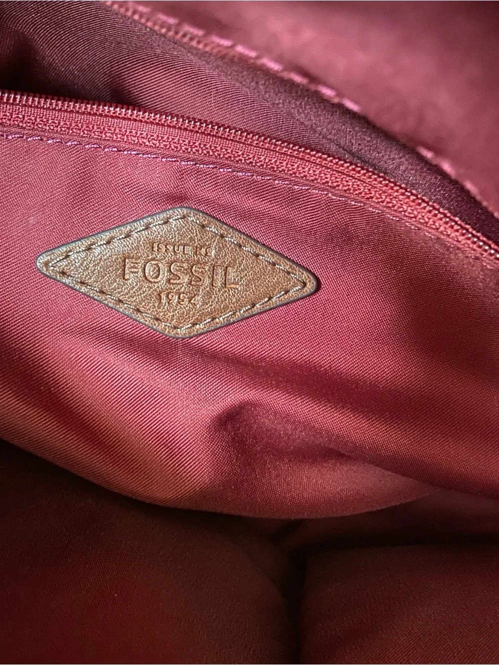 Fossil Rachel Leather Satchel Red Burgundy Crossbody Brown Handles Key Charm